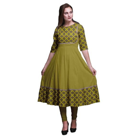 Bimba Yellow Geometric Stripe & Diamond Printed Anarkali Dress Long Maxi Dress Indian Kurtis For Women Ethnic Kurti Medium
