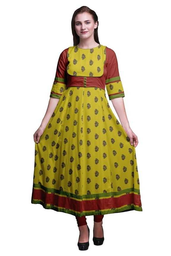 Yellow Leaves & Floral Block Indian Kurtas For Women Long Anarkali Kurta Chic Style Tunic Ethnic Kurti-XSmall