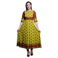 thumbnail image 1 of Bimba Yellow Leaves & Floral Block Printed Anarkali Dress For Women Long Flared Indian Kurti Chic Style Kurta-X-Large, 1 of 6
