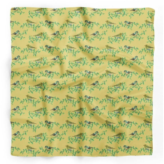 Bimba Yellow Leaves & Flowerpecker Bird Pure Silk Printed Scarf Dupatta Head Neck Wrap Bandanas For Women 40 x 80 Inches