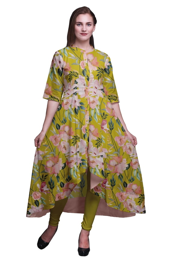 Yellow Leaves & Magnolia Floral Printed Indian Kurtis For Women Party Wear Long Anarkali Kurta Indian Kurti-X-Large