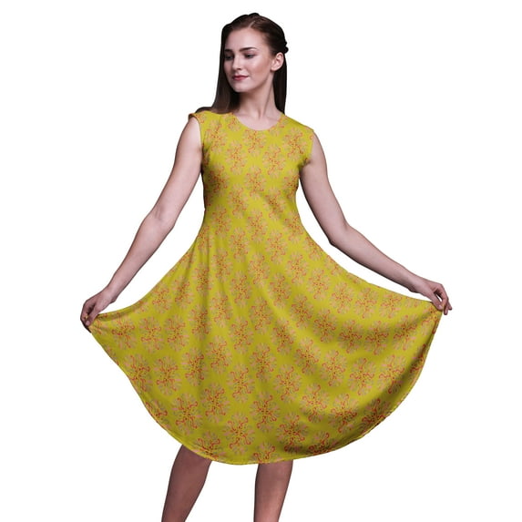 Bimba Yellow Palmette Damask Printed Knee Length Ladies Sleeveless Holiday Wear Tank Dress-X-Small