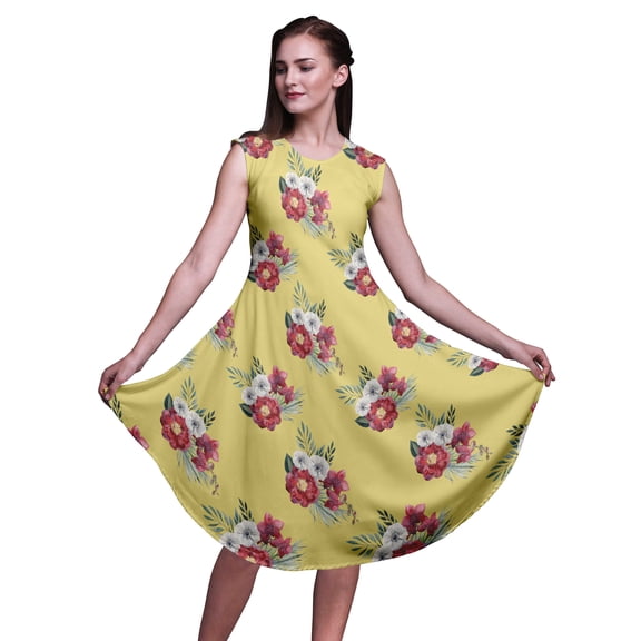 Bimba Yellow Peony & Anemone Floral Women Knee Length Sleeveless Casual Summer Sun Tank Dress-X-Large