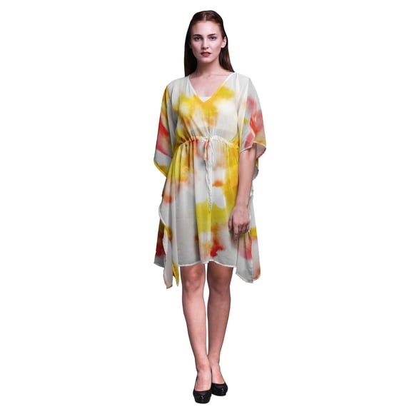 Bimba Yellow2 Tie-Dye Light Short Caftan Midi Dress Beach Swimwear Cover up Womens Kaftan-4X-5X