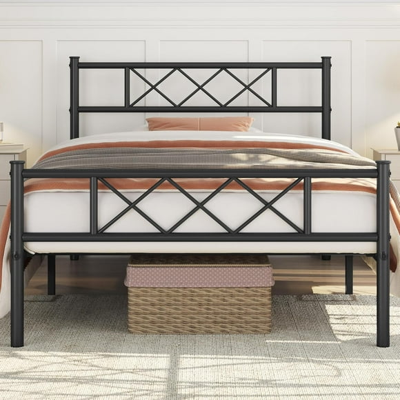 Bimetallic platform-style bed frame, soft padded base, steel crossbars, double-person bed size, black color