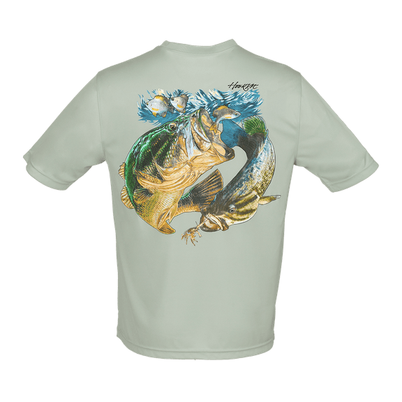 Bimini Bay Outfitters Hook M' Men's Freshwater Short Sleeve Performance Shirt - Light Sage Bass Slam