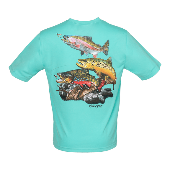 Bimini Bay Outfitters Hook M' Men's Freshwater Short Sleeve Performance Shirt - Trout Slam Aqua