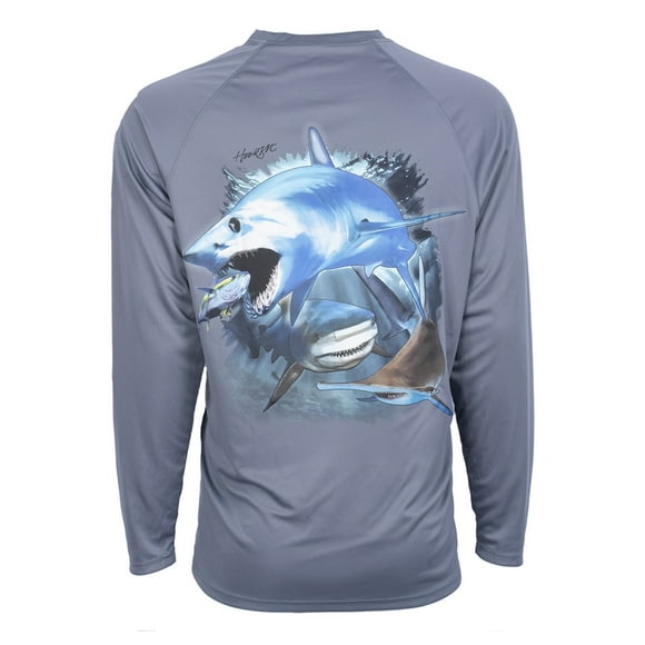 Bimini Bay Outfitters Hook M' Men's Long Sleeve Shirt - Shark Slam Grisaille