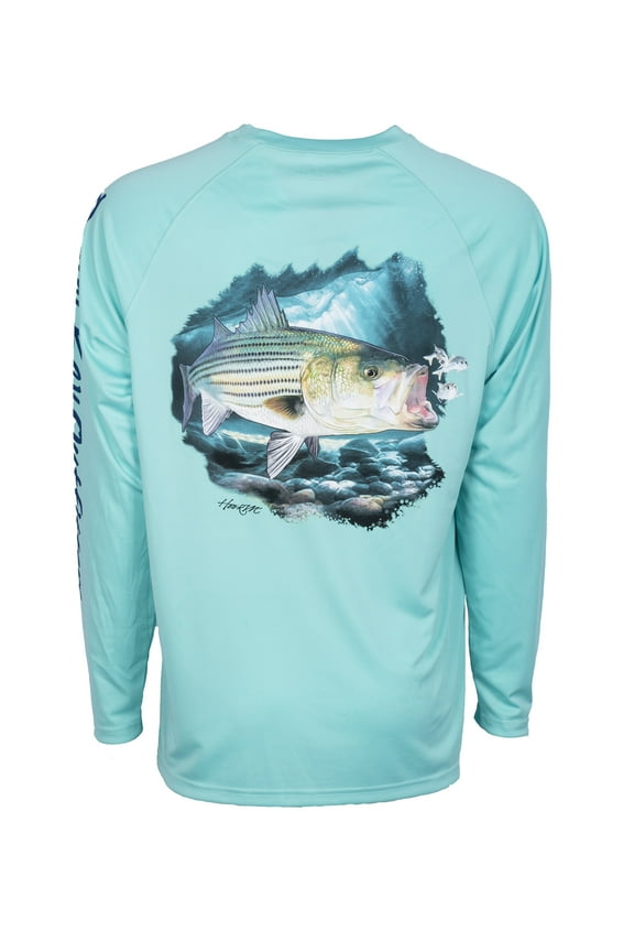 Hook M' Men's Long Sleeve Shirt - Striped Bass 4 Aqua