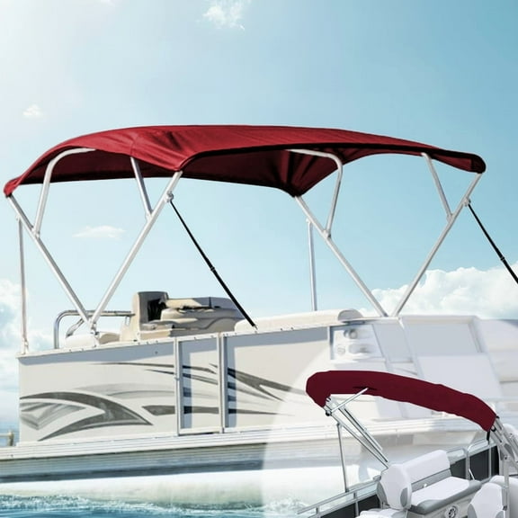Bimini Top Cover 600D UV-Resistant Canvas, Tear & Fade Proof, Waterproof 4 Bow Boat Shade with Zippered Pockets, Pontoon Bimini Top with Frame Rustproof Square Poles, Red 4 Bow 8'L 54" H 85"-90" W