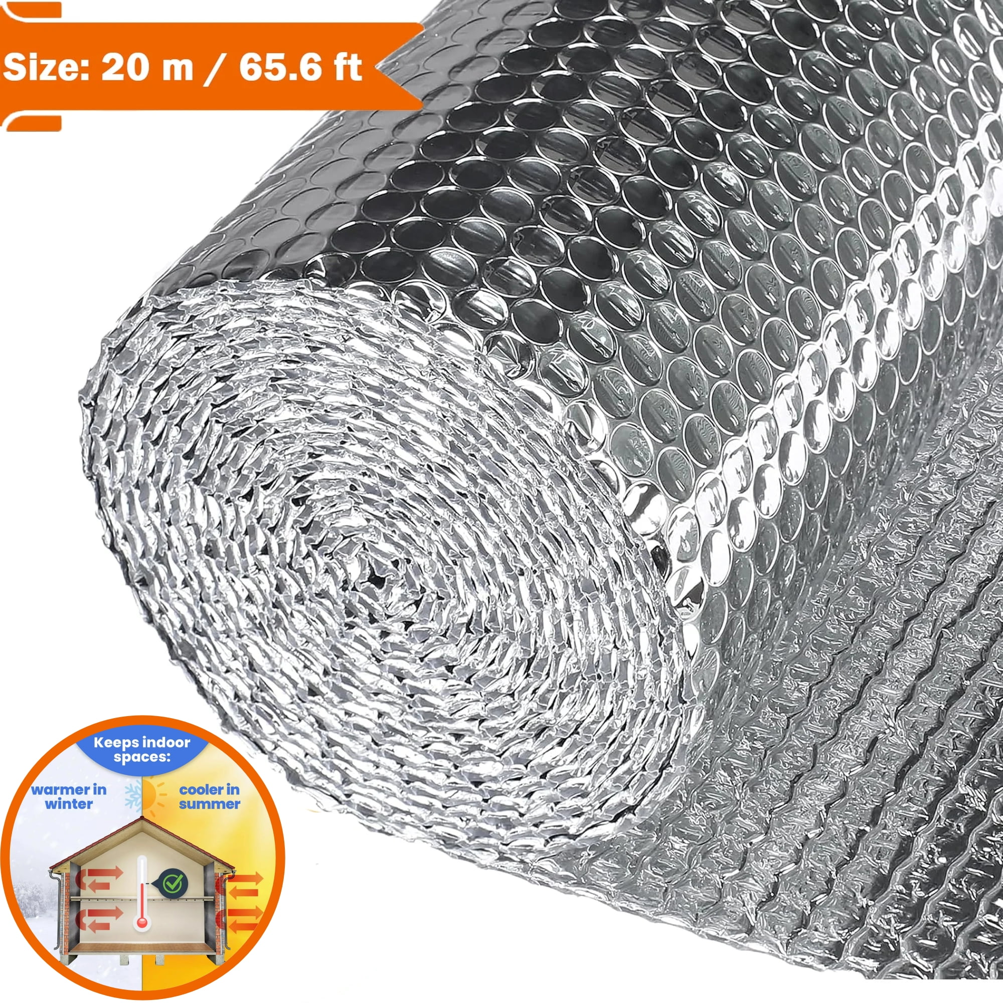 Ymokee 65.6' x 4' Bubble Reflective Insulation Roll, Aluminum Foil Radiant Barrier, 258 Sqft Thermal Insulating Foam for Roofs, Attics, Windows, and RVs