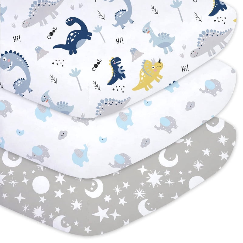 Bimocosy 3-Pack Crib Sheets for Standard Crib & Toddler Mattresses, Super Soft & Breathable Fitted Sheets for Baby Girl & Boy, （Dinosaur）