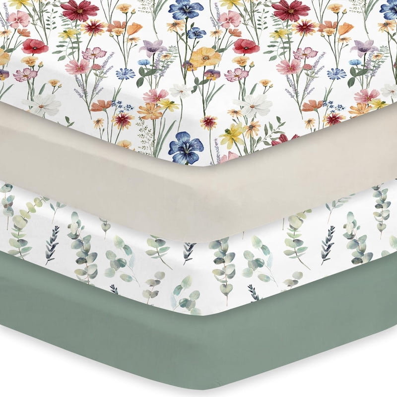 Bimocosy Crib Sheets Fitted 4 Pack for Baby Boys & Girls, Soft Microfiber Toddler Bed Sheets for Standard Crib & Toddler Mattresses 52'’ x 28'' (Floral)
