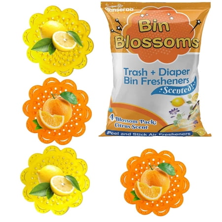 Bin Blossoms: 4-Pack Citrus Fresh Peel & Stick Air Freshener, Trash Can Odor/Smell Neutralizer, Diaper Pail Odor Control, Garbage Bin & Trash Deodorizer, Stick On Air Freshener for Trash Lid or Base