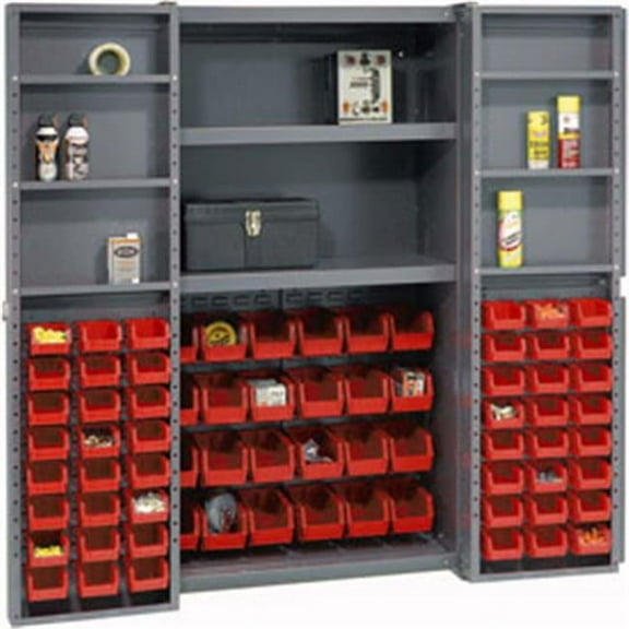 Bin Cabinet Deep Door with 72 Red Bins - Shelves - 16 gauge Assembled Cabinet - Gray