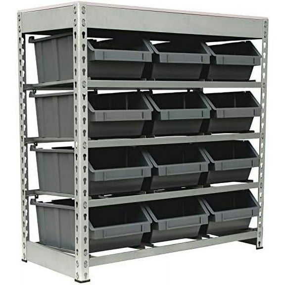 Bin Rack Boltless Steel Storage System Organizer w/ 12 Plastic Bins in 4 Tiers