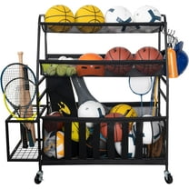 Ball Storage Bin Rolling Sports Ball Cart, Metal Garage Organizer Sport Rack Basketball Storage Cage for Garage or Gym, Indoor & Outdoor Sports Equipment Organizer