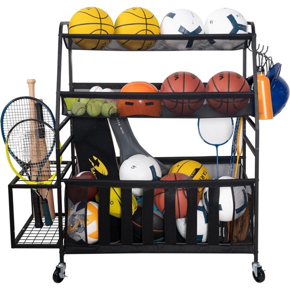 Bin Rolling Sports Ball Cart, Metal Garage Organizer Sport Rack, Ball Basket Storage, Ball Cage for Garage or Gym, Indoor & Outdoor Sports Equipment Organizer