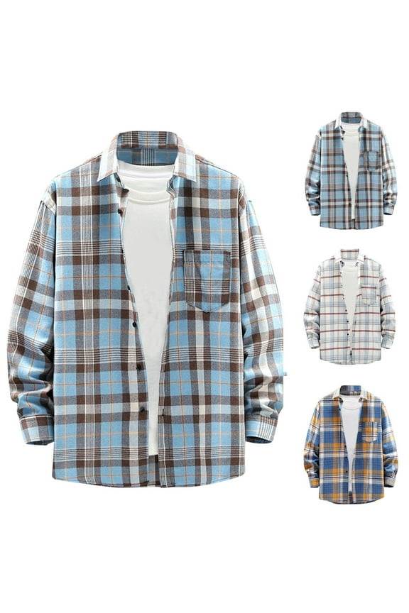 Button Down Plaid Shirts for Men Lapel Collar Long Sleeve Coats Plus Size Casual Loose Fit Checkered Tops with Pocket White 10(XL)