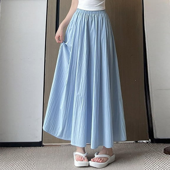 BinBiL Ladies' Solid Color Versatile High Waist Wide Leg Pants Skirt Pants Blue XXL(XXL)
