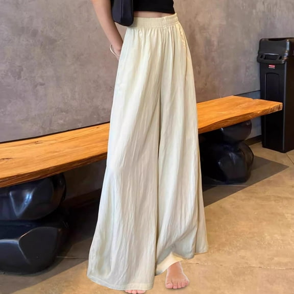BinBiL Ladies' Solid Color Versatile High Waist Wide Leg Pants Skirt Pants White XL(XL)