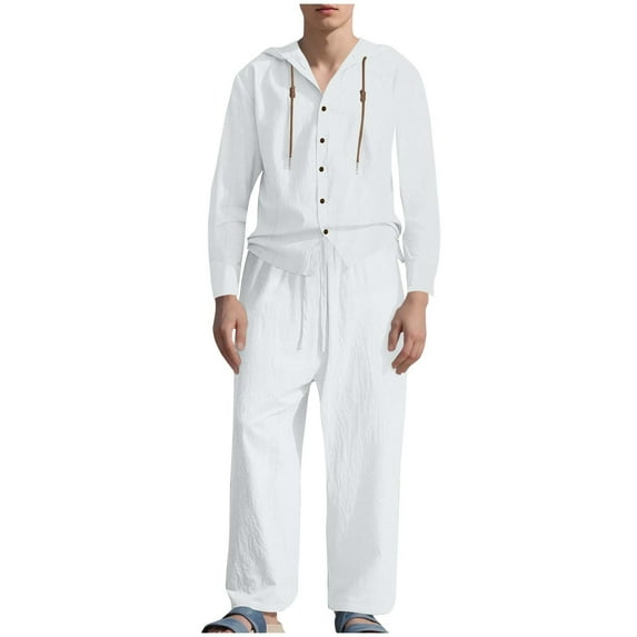 BinBiL Man Style Solid Color Casual Fashion Hooded Long Sleeves Linen Shirt Drawstring Waist Long Pants Beach Sets White M(M)