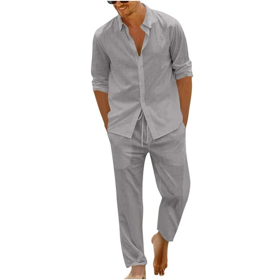 BinBiL Men 2 Piece Linen Outfit Beach Button Down Shirt Casual Loose Pant Sets Gray XL(XL)
