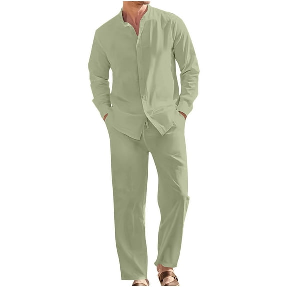 BinBiL Men 2 Piece Linen Outfit Beach Button Down Shirt Casual Loose Pant Sets Green XXXL(XXXL)