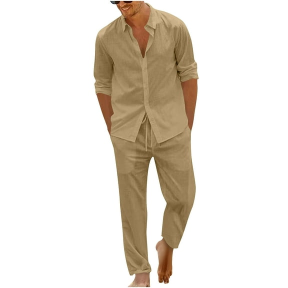 BinBiL Men 2 Piece Linen Outfit Beach Button Down Shirt Casual Loose Pant Sets Khaki L(L)