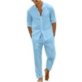 thumbnail image 1 of BinBiL Men 2 Piece Linen Outfit Beach Button Down Shirt Casual Loose Pant Sets Sky Blue M(M), 1 of 8