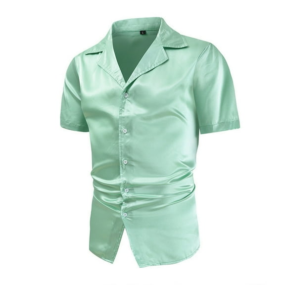 BinBiL Men 70s Shiny Short Sleeve Button Down Shirt Fashion Sparkle Disco Dress Shirts Green S(S)