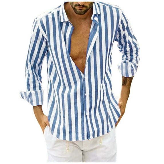 BinBiL Men Clothing clearance Men Button Down Striped Shirts Long Sleeve Tops Casual Basic Blue and White Striped Dress Shirt Slim Fit Blouses