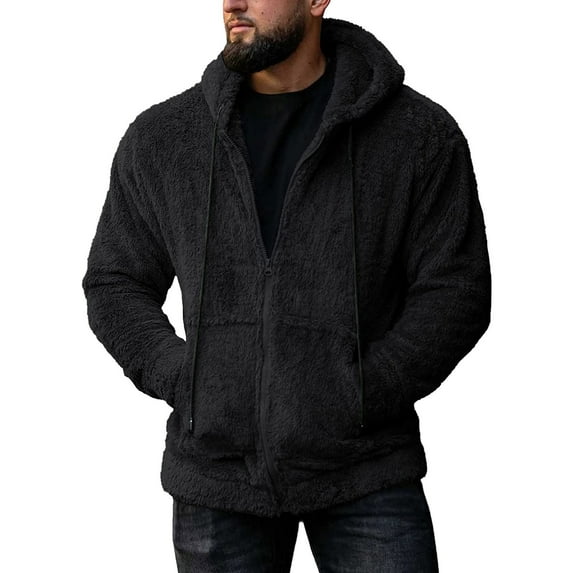 BinBiL Men Double Sided Fleece Zipper Cardigan Coat Solid Color Fuzzy Warm Hooded Jacket Drawstring with Pockets Outwear Black 12(XXL)