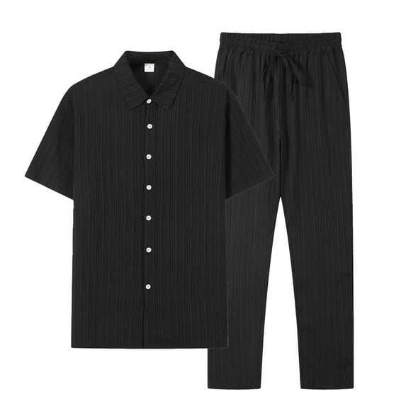 BinBiL Men Solid Color 2-Piece Set Button Front Short Sleeve Shirt & Pants Daily Casual Ensemble Plus Size Men's Summer Leisure Set Black XL(XL)