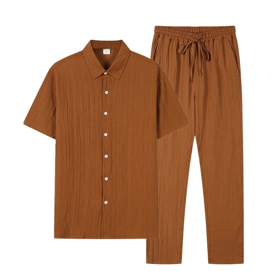 BinBiL Men Solid Color 2-Piece Set Button Front Short Sleeve Shirt & Pants Daily Casual Ensemble Plus Size Men's Summer Leisure Set Coffee S(S)