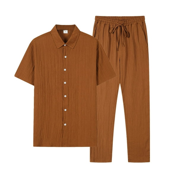 BinBiL Men Solid Color 2-Piece Set Button Front Short Sleeve Shirt & Pants Daily Casual Ensemble Plus Size Men's Summer Leisure Set Coffee XL(XL)