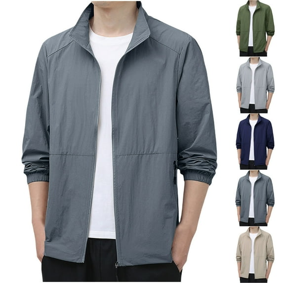 BinBiL Men Summer Jackets Casual Lapel Long Sleeve Solid Color Sun Loose Fit Zipper Placket Windproof Outwear for Outdoor Khaki XL(XL)