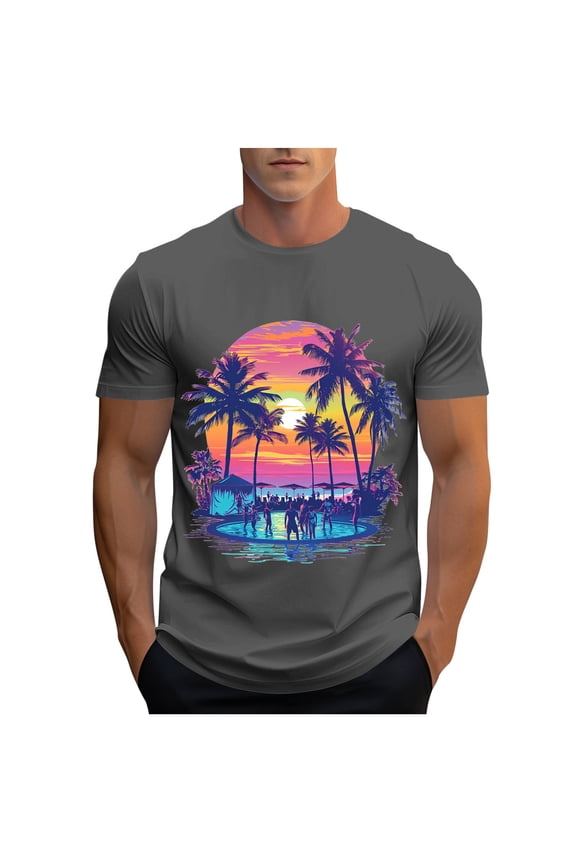 Men Workout T-Shirts Summer Casual Short Sleeve Crewneck Athletic Tees Funny Landscape Pattern Print Tunic Tops Dark Gray XL(XL)