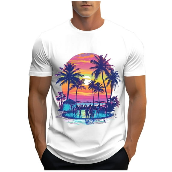 BinBiL Men Workout T-Shirts Summer Casual Short Sleeve Crewneck Athletic Tees Funny Landscape Pattern Print Tunic Tops White L(L)