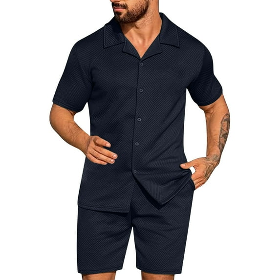 BinBiL Men's 2 Piece Outfit Short Sleeve Beach Button Down Shirt with Shorts Casual Matching Sets for Men Navy XL(XL)