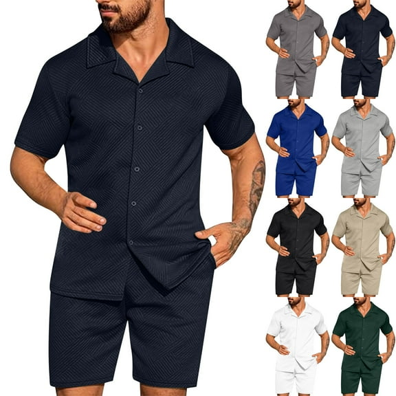 BinBiL Men's 2 Piece Outfit Short Sleeve Beach Button Down Shirt with Shorts Casual Matching Sets for Men White XL(XL)