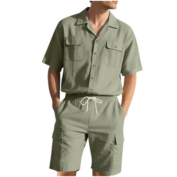 BinBiL Men's 2 Piece Outfits Summer Short Sets Casual Short Sleeve Button Up Shirt and Short Set Army Green L(L)