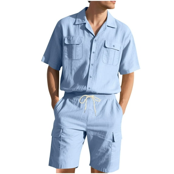 BinBiL Men's 2 Piece Outfits Summer Short Sets Casual Short Sleeve Button Up Shirt and Short Set Light Blue XXL(XXL)