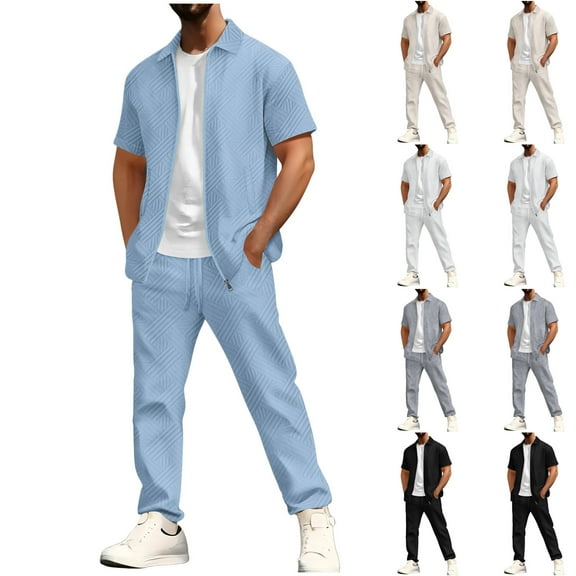 BinBiL Men's 2 Piece Outfits zipper Lapel T Shirts and Drawstring Shorts Set Summer Jogging Tracksuit Set with Pockets White XL(XL)