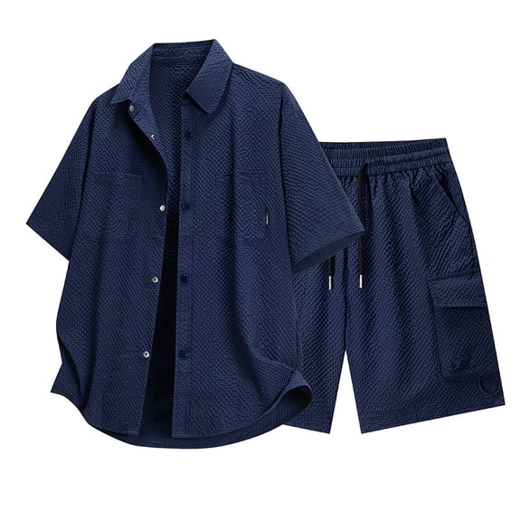 BinBiL Men's 2 Piece Vacation Outfits Short Sleeve Button Up Cuban Shirts and Drawstring Waist Beach Shorts Blue S(S)