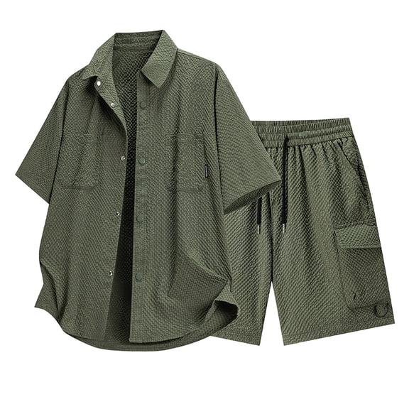 BinBiL Men's 2 Piece Vacation Outfits Short Sleeve Button Up Cuban Shirts and Drawstring Waist Beach Shorts Green XL(XL)