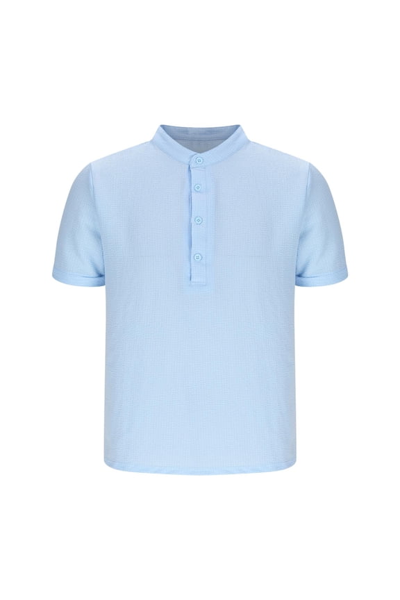 Men's Banded Collar Shirts Textured Button Up Short Sleeve Casual T-Shirt Light Blue S(S)