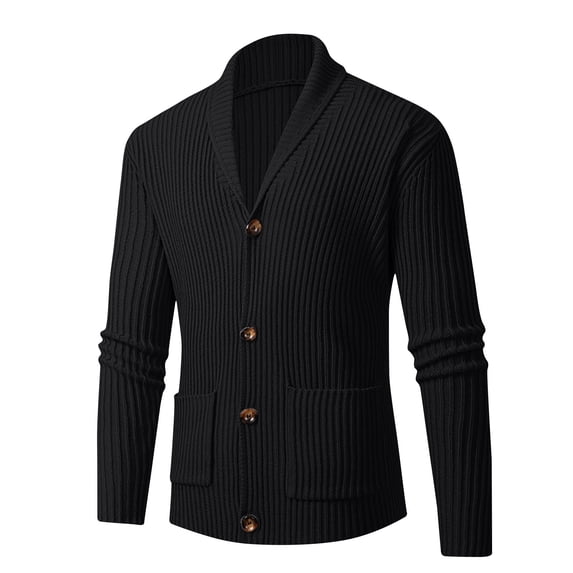 BinBiL Men's Cardigan Sweater Wool Blend Cable Knit V Neck Buttons Cardigan with Pockets Black 8(L)