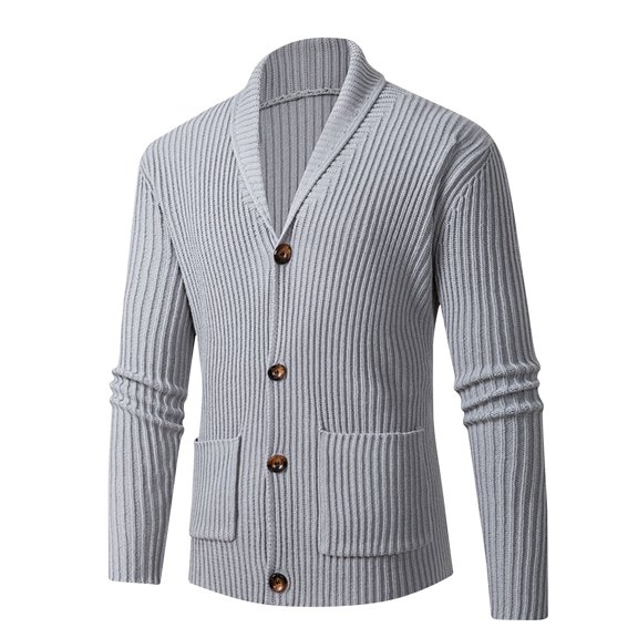 BinBiL Men's Cardigan Sweater Wool Blend Cable Knit V Neck Buttons Cardigan with Pockets Gray 8(L)
