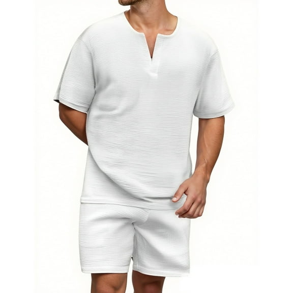 BinBiL Men's Casual 2 Piece Outfits Sets Short Sleeve Button Down Shirt Elastic Waist Shorts Summer Beach Short Set White L(L)